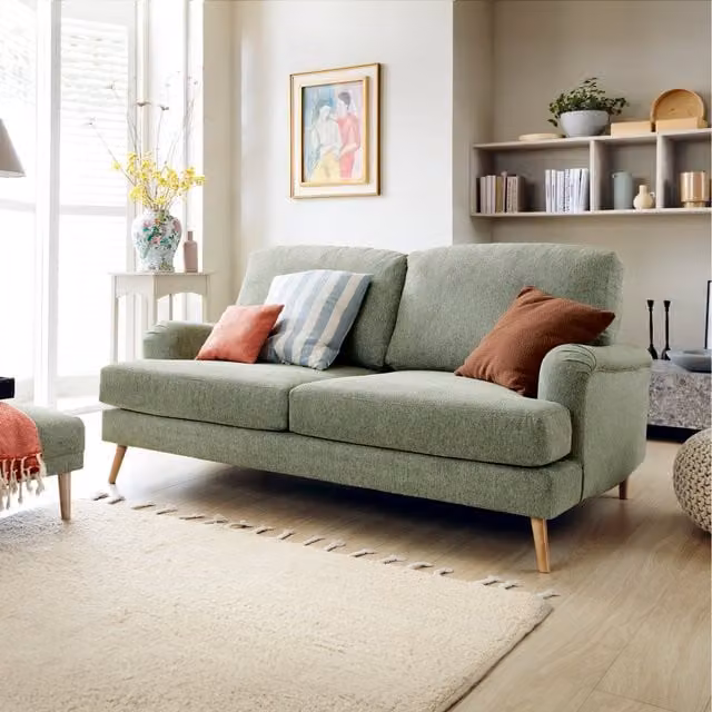 Abakus Direct Harper 3 Seater Mid-Century Upholstered Fabric Sofa in Pickle Green with Removable Covers and Scatter Cushions