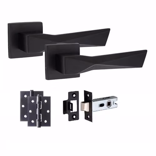 Golden Grace Aura Door Handles with 3 inch Hinges and Latch in Matt Black Finish – 1