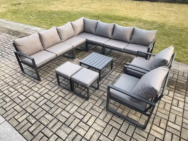 Fimous Modern L-Shape Outdoor Garden Furniture Set in Dark Grey with Powder Coated Aluminium Frame, Corner Sofa, Coffee Table and Two Ottomans