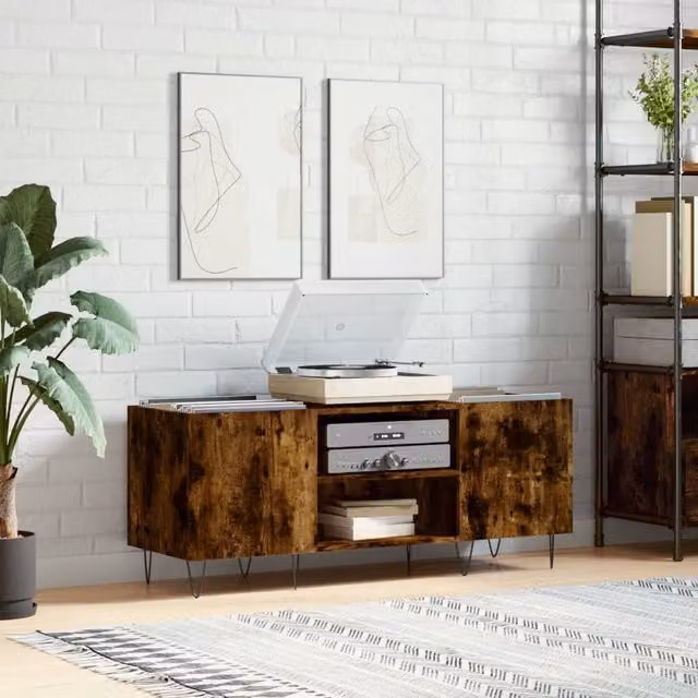 Berkfield Home Smoked Oak Record Cabinet in Brown, W/D/H: 121 x 38 x 48 cm – 1