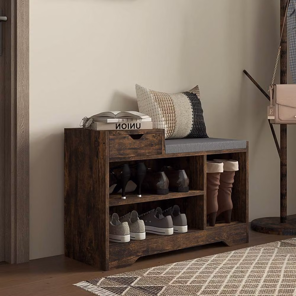 Wyld Haus Nata Rustic Brown Shoe Bench with Grey Cushioned Seat and Multi Compartments W/D/H: 76.5 x 30 x 52 cm – 5
