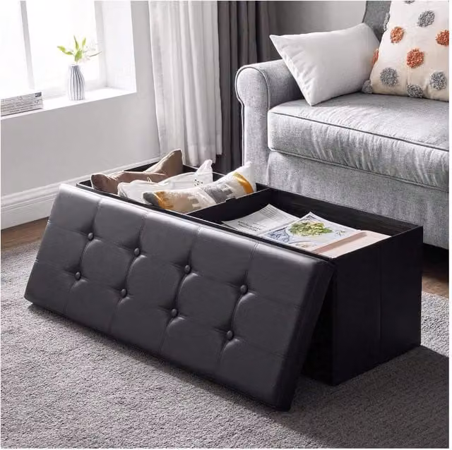 SONGMICS Elegant Black Synthetic Leather Storage Ottoman with Divider, W/D/H: 110 x 38 x 38 cm