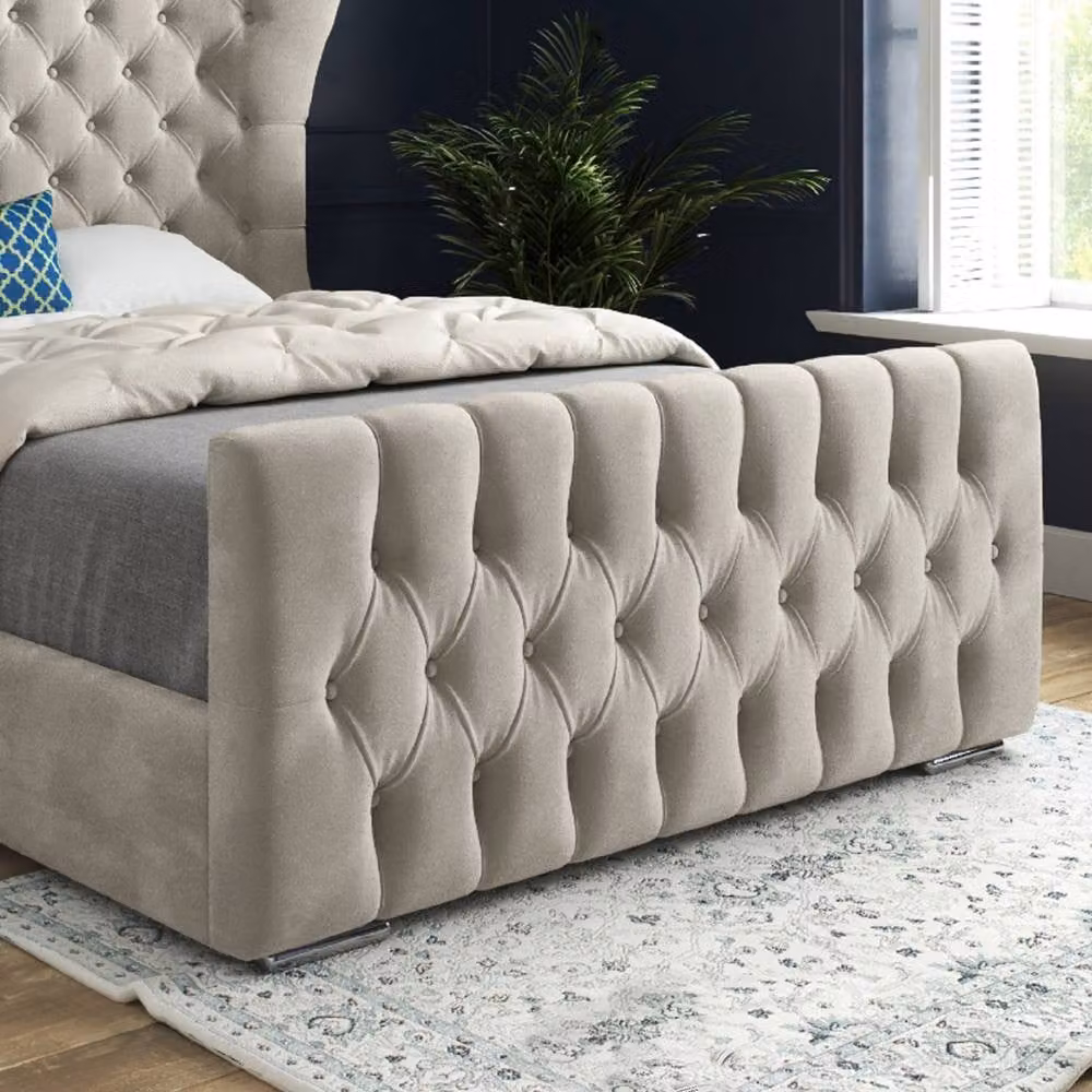 Casani Rendlesham Upholstered Velvet Designer Bed Frame in Beige, W/D/H: 137 x 120 x 83 cm – 5