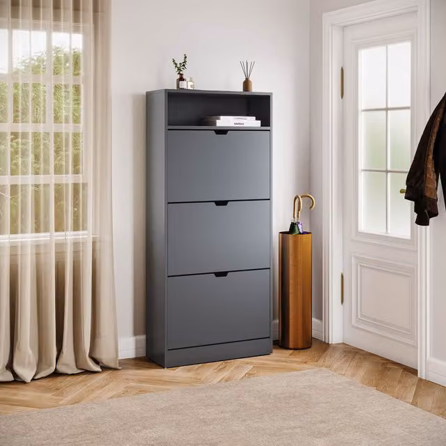 Vida Designs Modern Grey 3 Drawer Shoe Cabinet with Open Shelf and Tilting Compartments, H 132 x W 60 x D 24 cm
