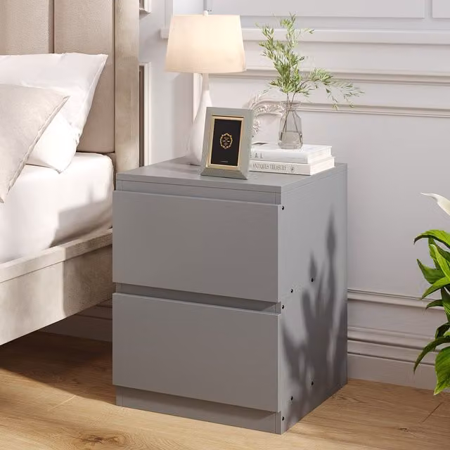 Livingandhome Minimalist 2-Drawer Wooden Nightstand in Grey
