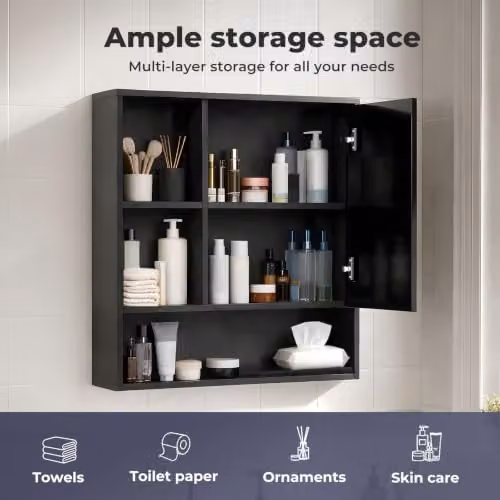 Levede Black Wall Mounted Bathroom Mirror Cabinet with HD Tempered Glass and Internal Shelves, W: 55.5 cm, H: 61.2 cm, D: 16.0 cm – 4
