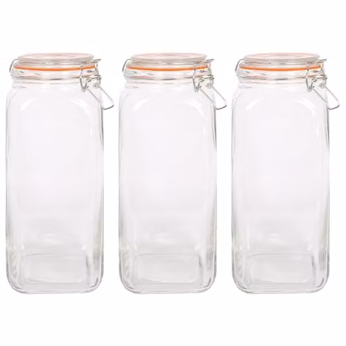 Argon Tableware Pack of 3 Transparent Square Glass Jars with Clip-Top Lids, 2L