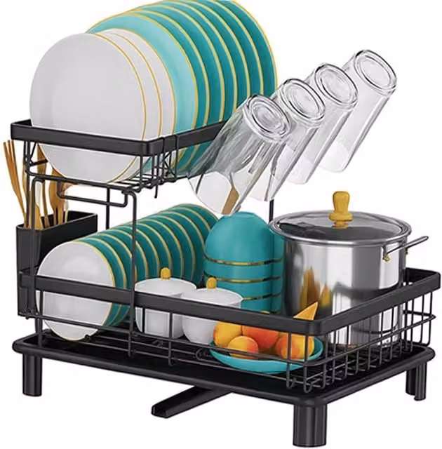ATEK 2 Tier Black Stainless Steel Kitchen Dish Drainer Rack with Cutlery Holder and Drip Tray – 1