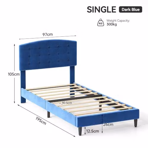 MCC Direct Cheyenne Single Velvet Upholstered Bed Frame in Blue, W/D/H: 90 x 200 cm – 2