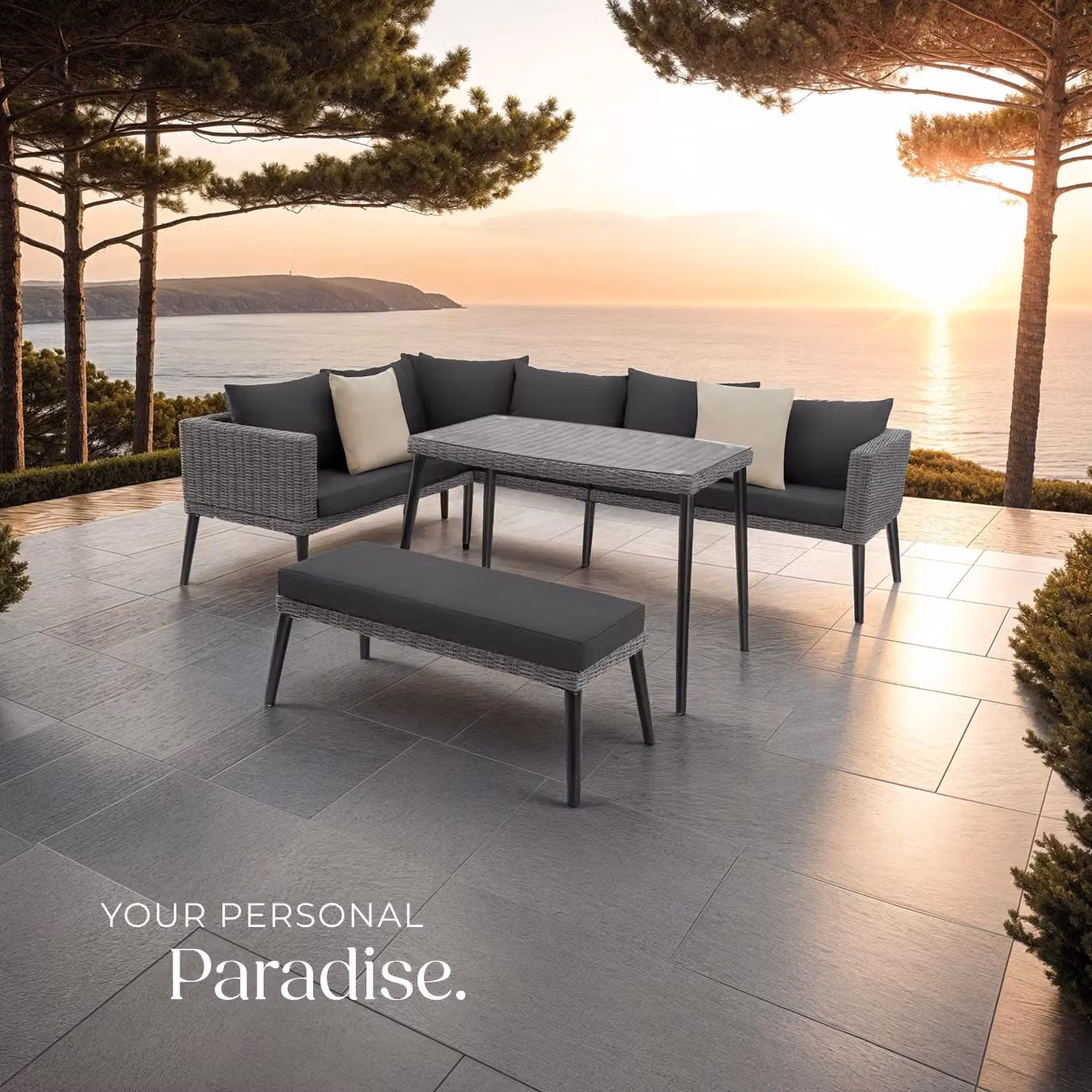 tectake Pula 4-Person Rattan Lounge Set with Powder Coated Aluminium Frame and Upholstered Cushions in Grey – 7