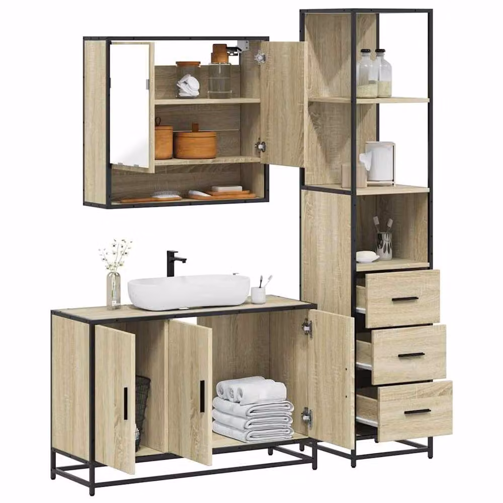 Berkfield Home 3 Piece Industrial Bathroom Furniture Set in Sonoma Oak and Brown – 2