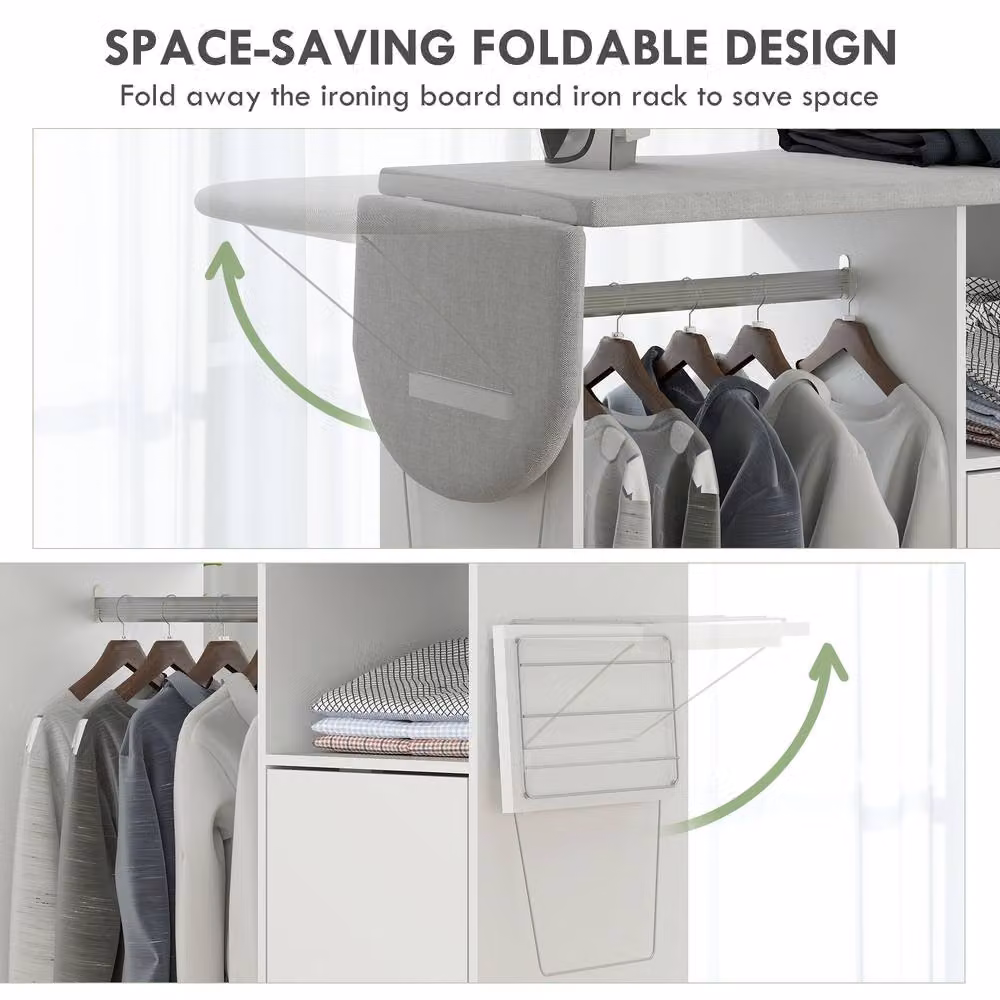 HOMCOM Foldable Rolling Ironing Board Cabinet with Storage, White – 3