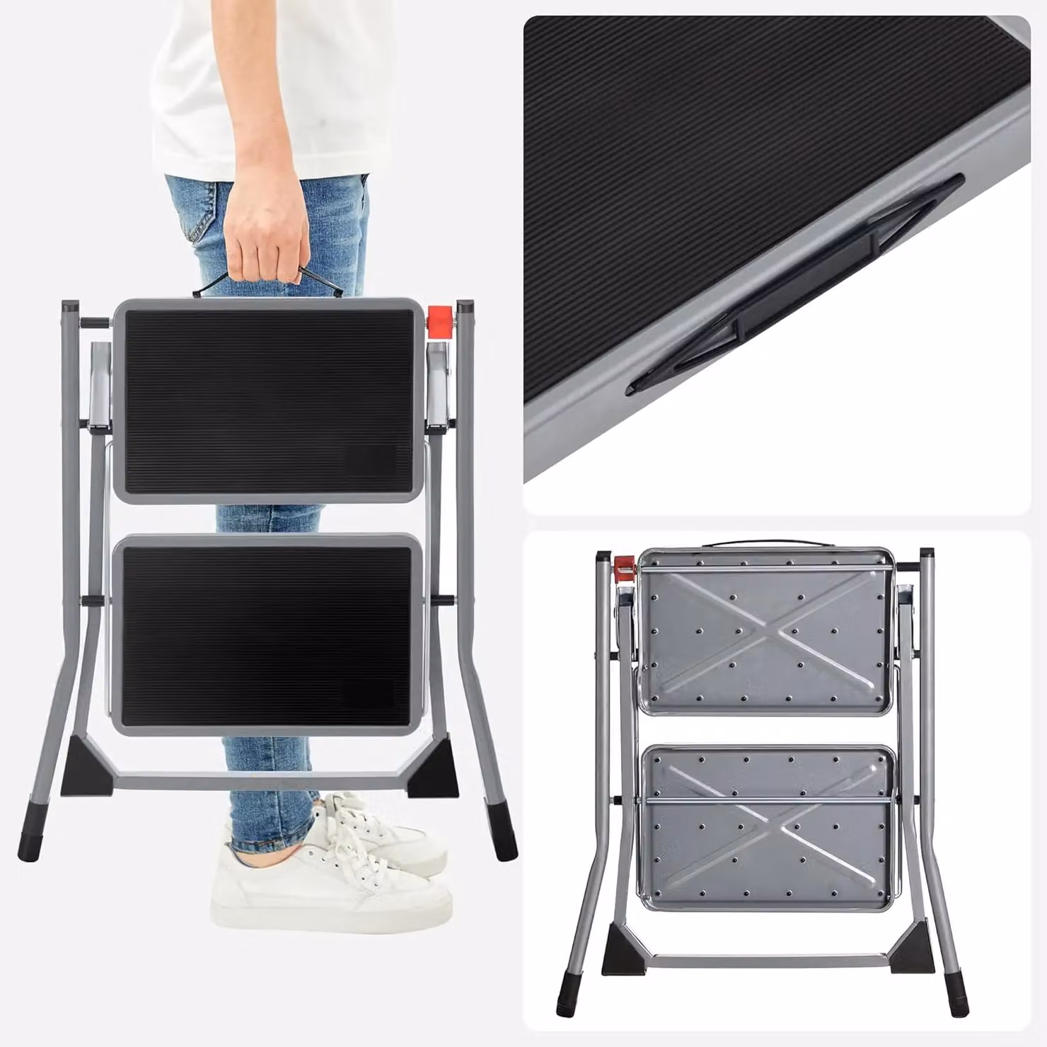 SONGMICS Heavy Duty 2-Step Folding Steel Step Ladder in Grey with Handle and Rubber Feet – 7