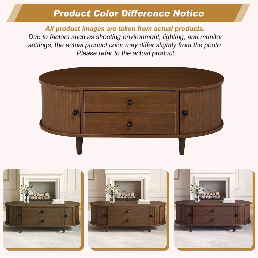 STILVORA Brown Oval Coffee Table with Storage, Sliding Doors and Drawers – 4
