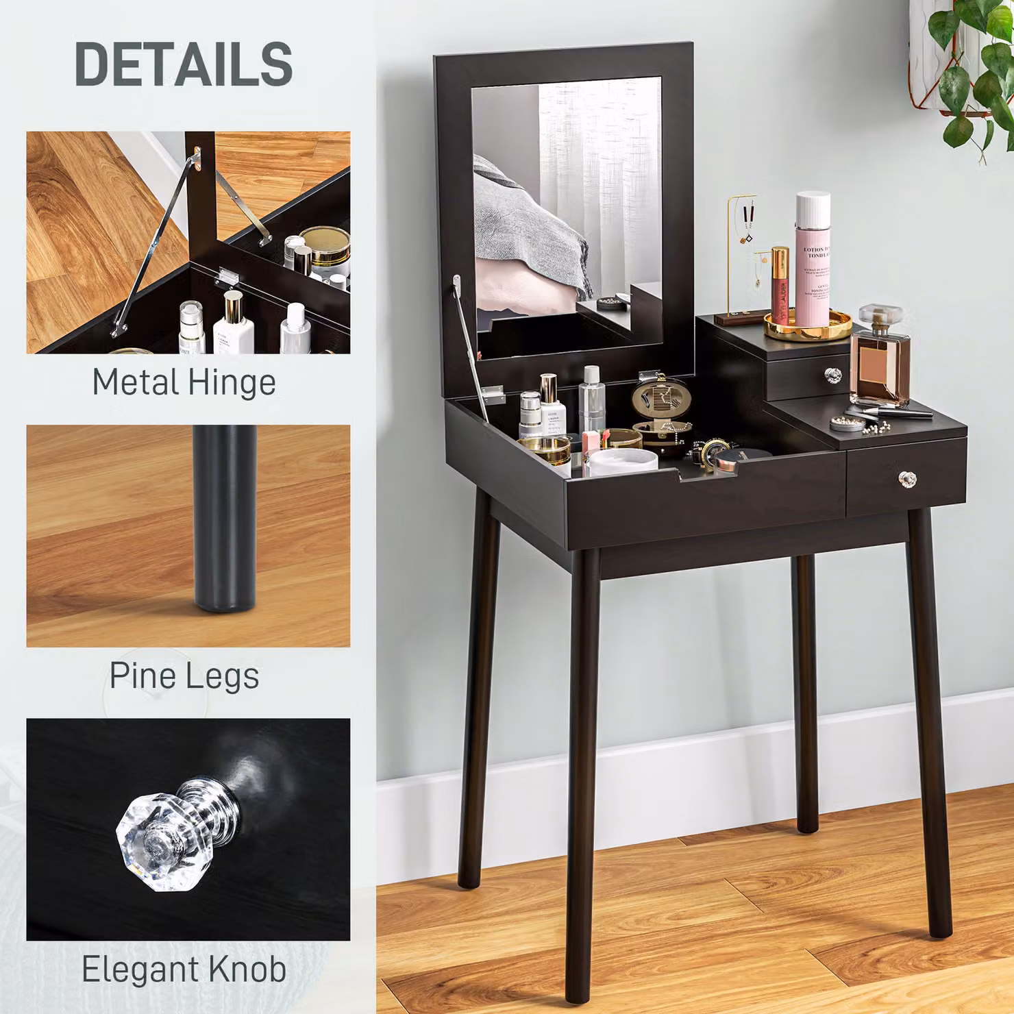 HOMCOM Black Dressing Table with Flip-up Mirror and 2 Drawers – 6