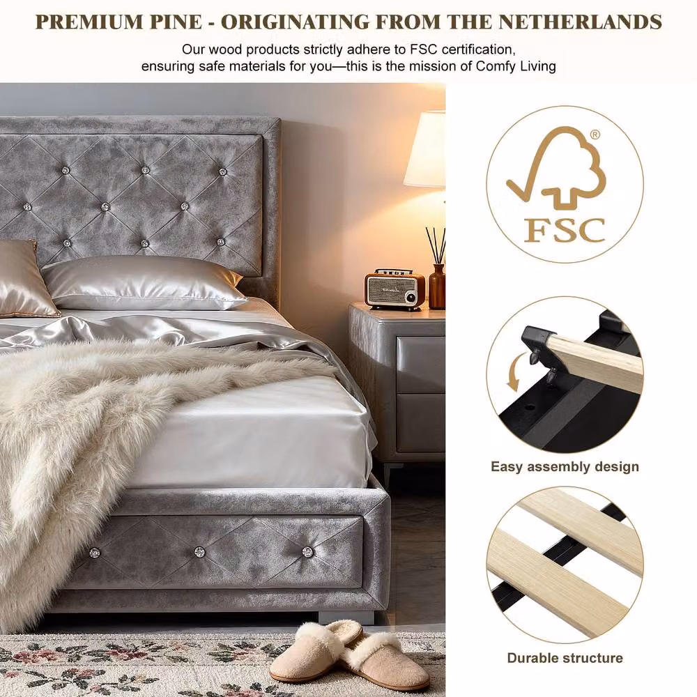 Comfy Living Ltd Silver Crushed Velvet Diamante Bedframe with Lift Up Base, W/D/H: 180 x 200 cm – 5