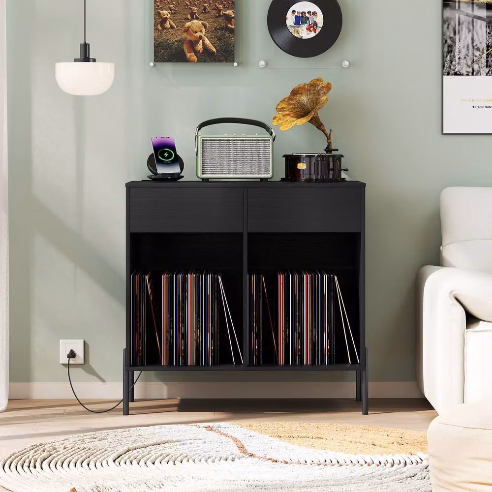 Gymax Double Wide Turntable Stand with Drawers, Power Outlets and Metal Legs in Black – 3