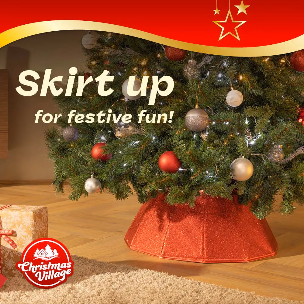 Christmas Village Glossy Red Diamond Christmas Tree Skirt with Silver and Gold Details, Diameter: 68 cm – 2