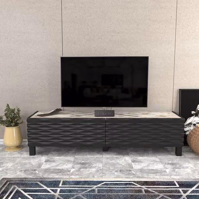 Decorotika Lerze Modern Geometric TV Unit in White Marble Effect and Black