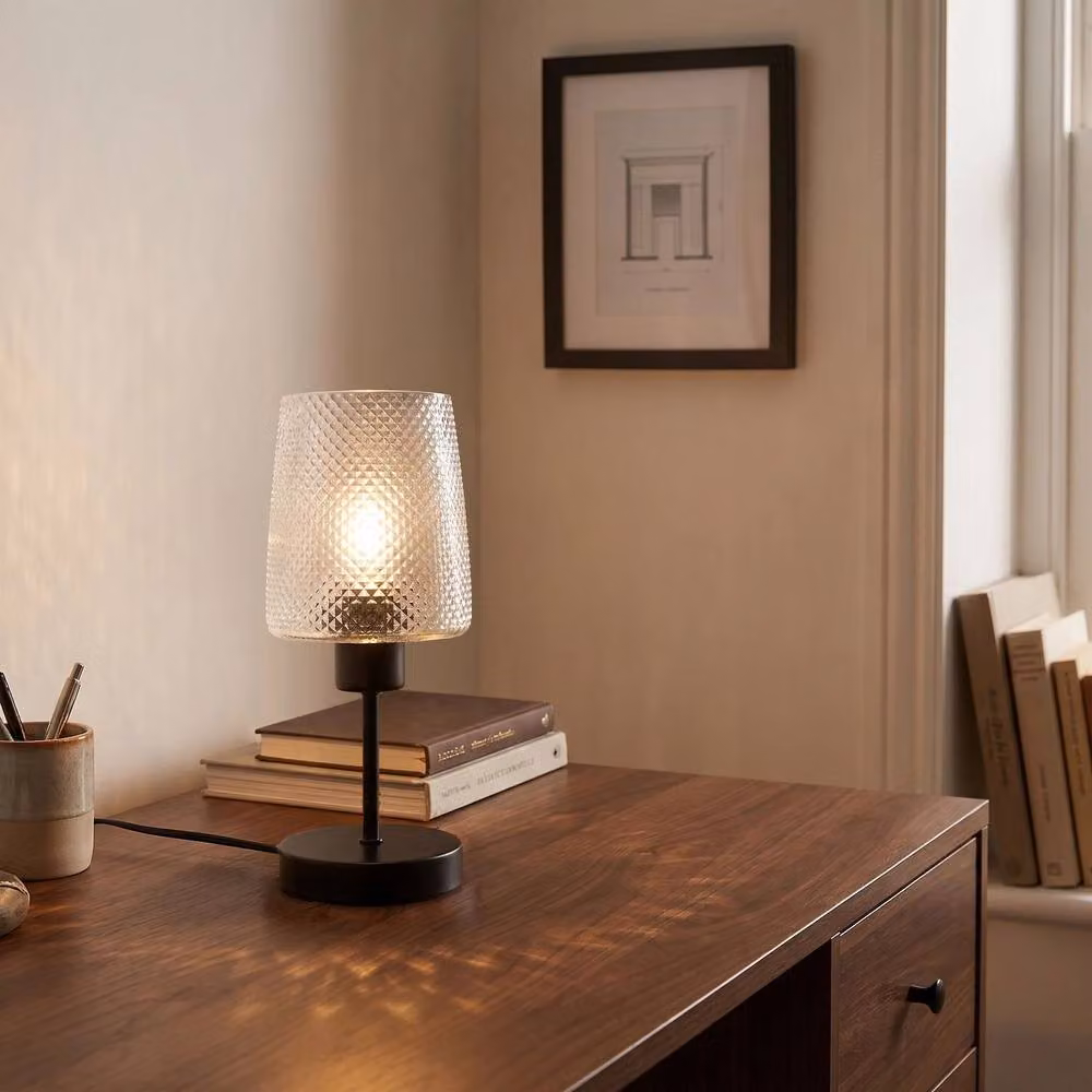 Happy Homewares Modern Dimpled Glass Table Lamp with Matte Black Stem and Base, Transparent and Black – 3