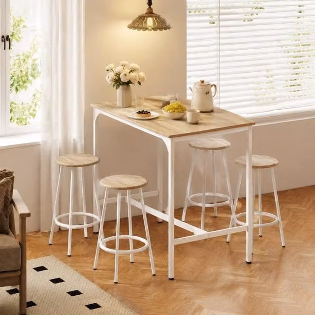 STILVORA 5 Piece Industrial Dining Set with Rectangular Bar Table and 4 Stools in Sand – 1