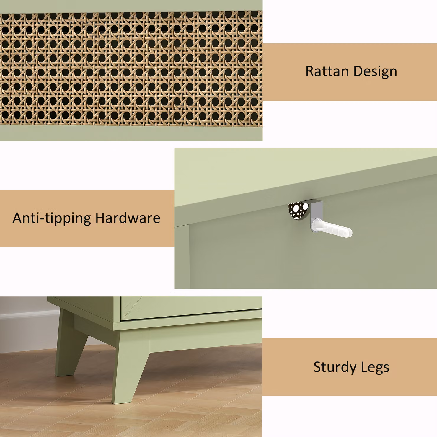 HOMCOM 4-Drawer Chest of Drawers with Rattan Element in Light Green – 4