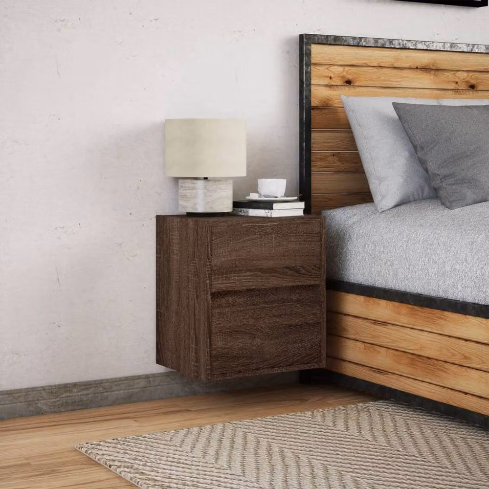 Berkfield Home Wall-mounted Bedside Cabinet with Integrated LED Lights in Brown Oak – 3