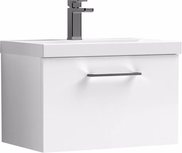 Balterley Gloss White Wall Hung 1 Drawer Vanity Basin Unit with Pewter Handle, Width: 60 cm