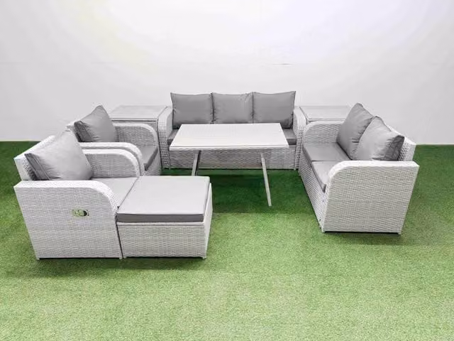 Fimous Modern Outdoor Garden Furniture Set in Light Grey with Rectangular Table, 2-Seater Sofa, Reclining Lounge Armchair, Ottoman and 2 Side Tables