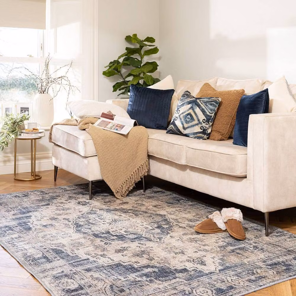 Kukoon Beige and Blue Distressed Vintage Medallion Cotton Area Rug, W: 120 cm, L: 170 cm – 3