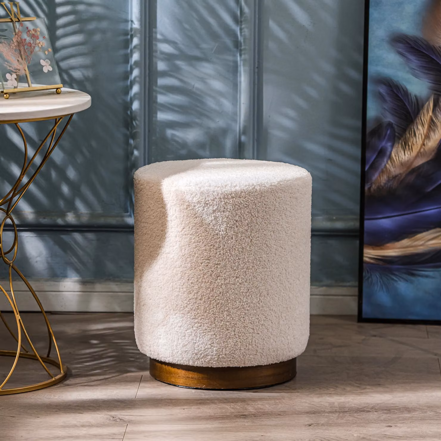 Nordlys White Bouclé Cylindrical Living Room Pouf with Brown Wooden Base – 2