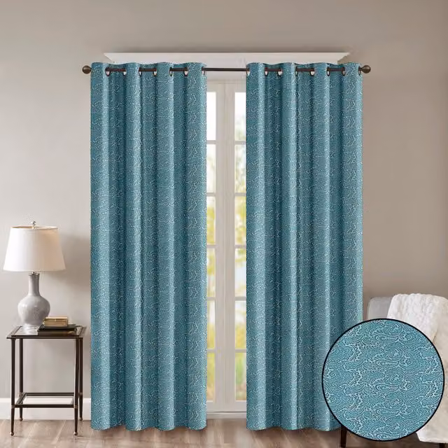Roseley Blue Floral Embossed Eyelet Fabric Curtains, Width: 54 cm