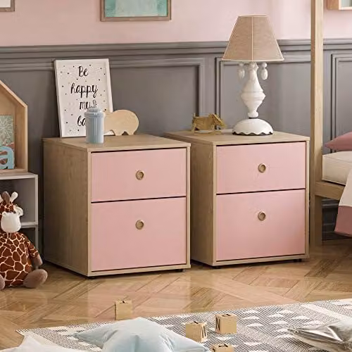 Junior Vida Neptune Set of 2 Two Drawer Bedside Tables for Childrens Bedrooms in Pink and Oak