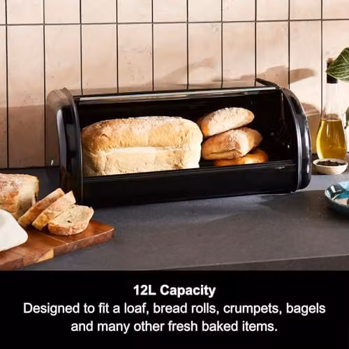 Morphy Richards Equip Roll Front Bread Bin, 12L, Black and Stainless Steel – 9