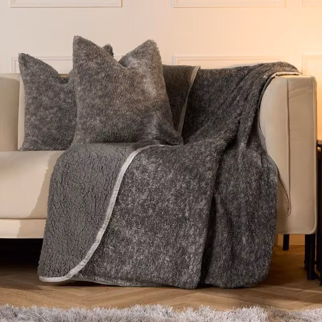 OHS Pack of Teddy Marl Fleece Textured Square Cushion Covers in Grey