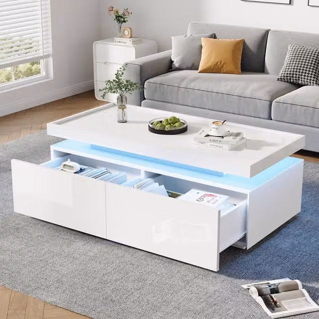 Rolipo Modern White High Gloss LED Coffee Table with 2 Drawers W/D/H: 95 x 50 x 35 cm