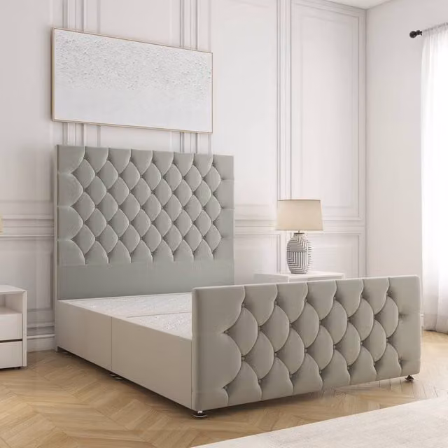 BSSPOKE Maya Divan Bed Set with 54 inch Headboard in Silver Plush Velvet, W/D/H: 180 x 200 cm
