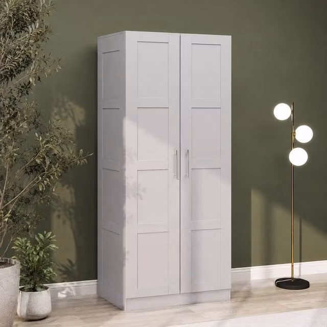 STILVORA Modern Grey Double Wardrobe with Soft Close Hinged Doors and Internal Shelves – 1