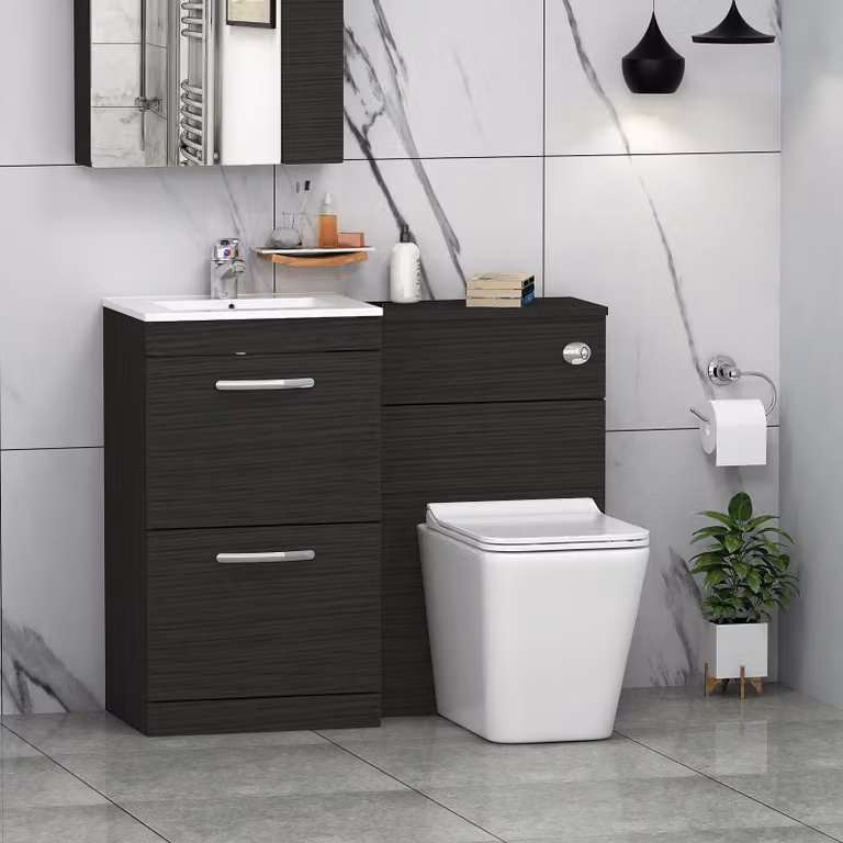 Royal Bathrooms Hale Black 1000mm 2 Drawer Furniture Pack with Minimalist Basin and Slim Elena Back to Wall Toilet