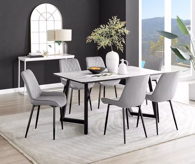 FurnitureboxUK Carson White Marble Effect Dining Table and 6 Pesaro Black Leg Chairs in Grey