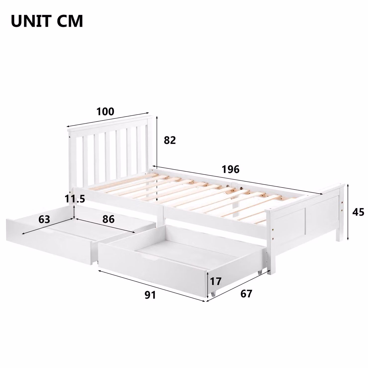 HomeTouch Lucy White Solid Pine Wood Single Bed Frame with 2 Large Drawers, W/D/H: 90 x 190 cm – 2