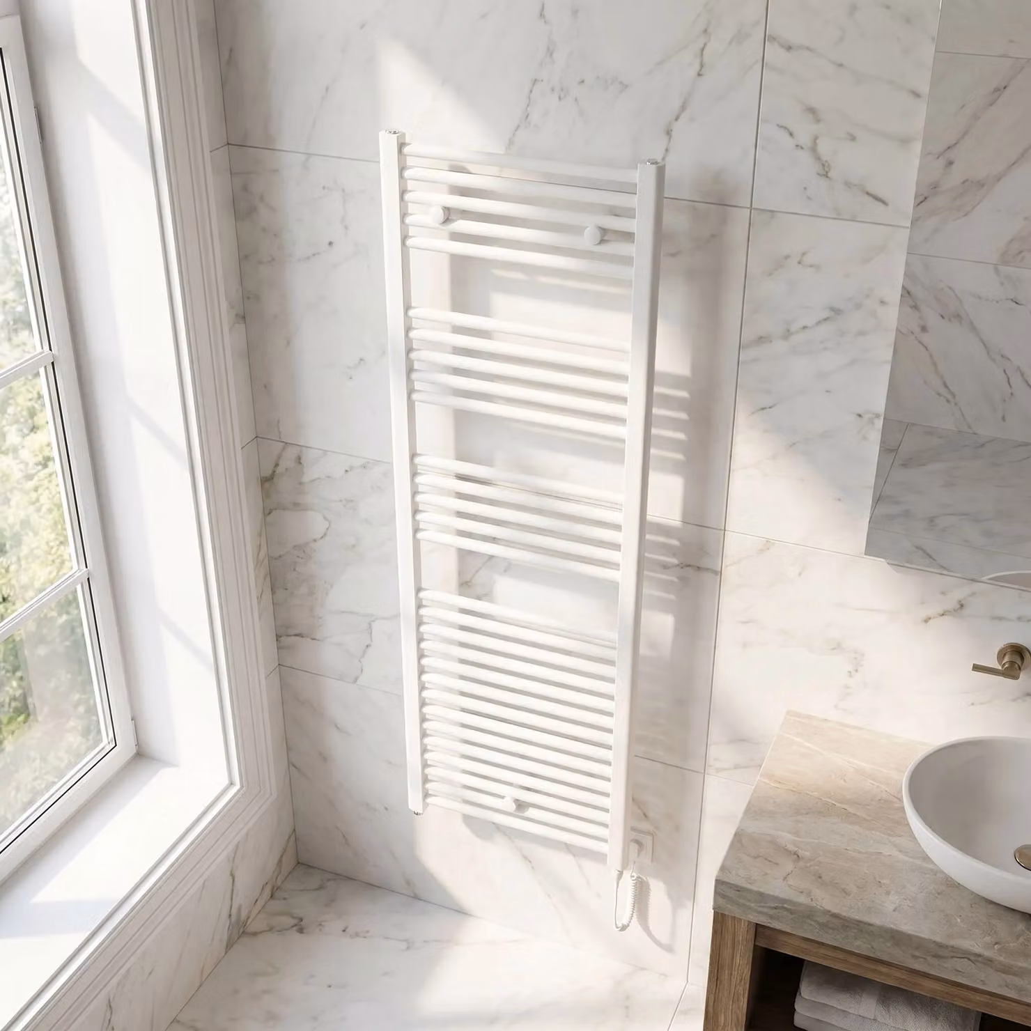 Balterley Electric Vertical Round Towel Rail with 27 Rails, Gloss White, H: 137.5 cm, W: 48 cm – 2