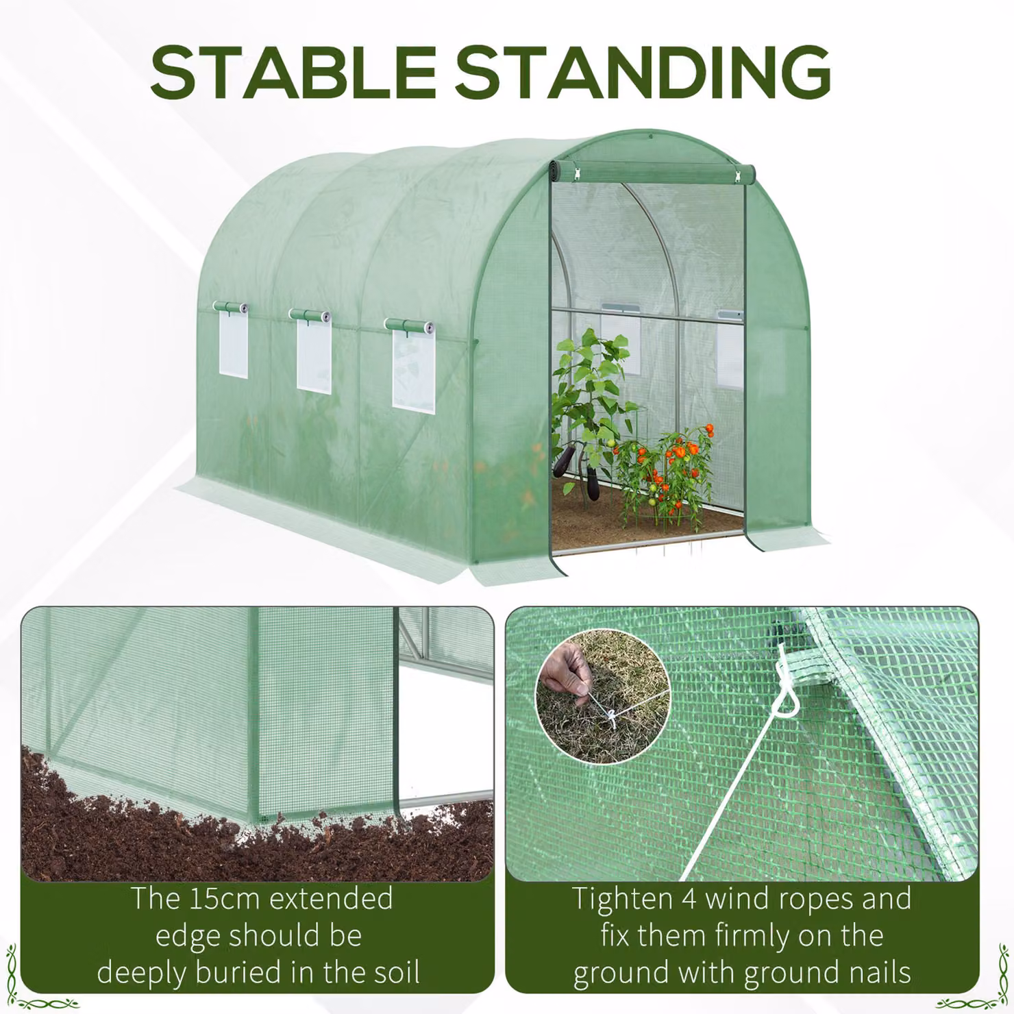 Outsunny Green Poly Tunnel Greenhouse with Zipped Roll-Up Door and 6 Mesh Windows, W: 3 m, D: 2 m, H: 1.94 m – 3