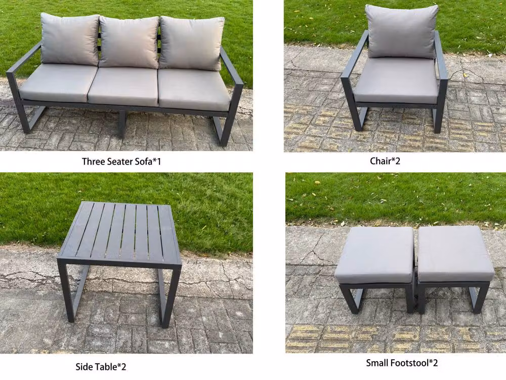 Fimous 8-Piece Modern Outdoor Sofa Set in Dark Grey with Powder Coated Aluminium Frame, Lifting Table, Chairs and Stools – 2