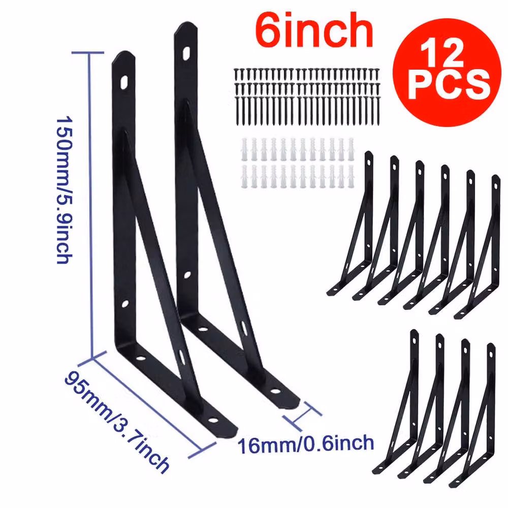 Kelvenix Heavy Duty L Shaped Wall Mounted Stainless Steel Shelf Brackets in Black – 2