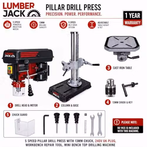 Lumberjack 5 Speed Benchtop Pillar Drill Press in Red – 4
