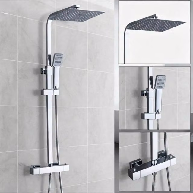 PAWNORA Twin Square Overhead Shower Head and Bar Set in Silver – 1