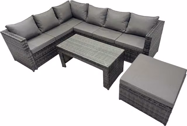 Fimous 4-Piece L-Shape Outdoor Rattan Corner Sofa Set with Cushions and Tempered Glass Coffee Table in Grey