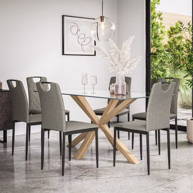 More4Homes Etta Glass Dining Table Set with Solid Oak Legs, Grey and Transparent, 6 Seater