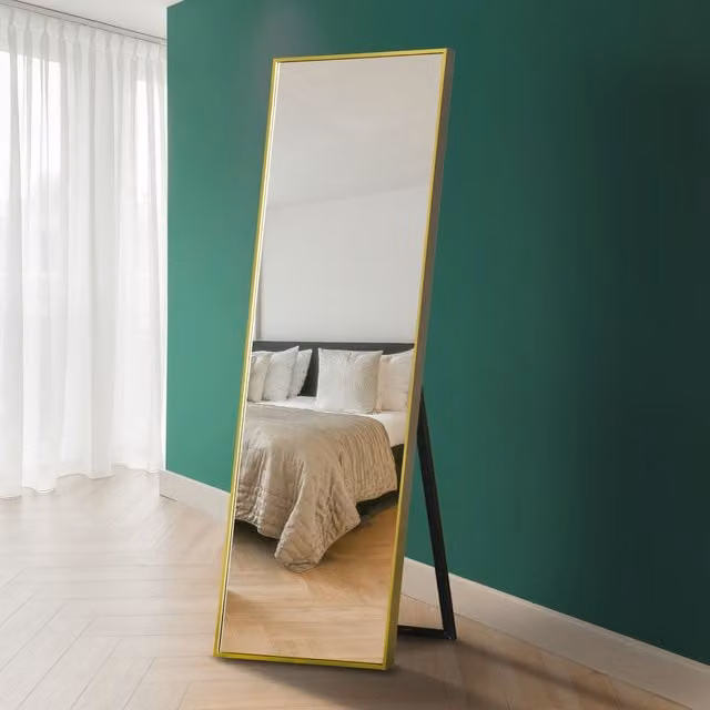 MirrorOutlet Artus Minimalist Rectangular Wall Leaner Mirror with Aluminium Edging in Gold, Height: 170 cm